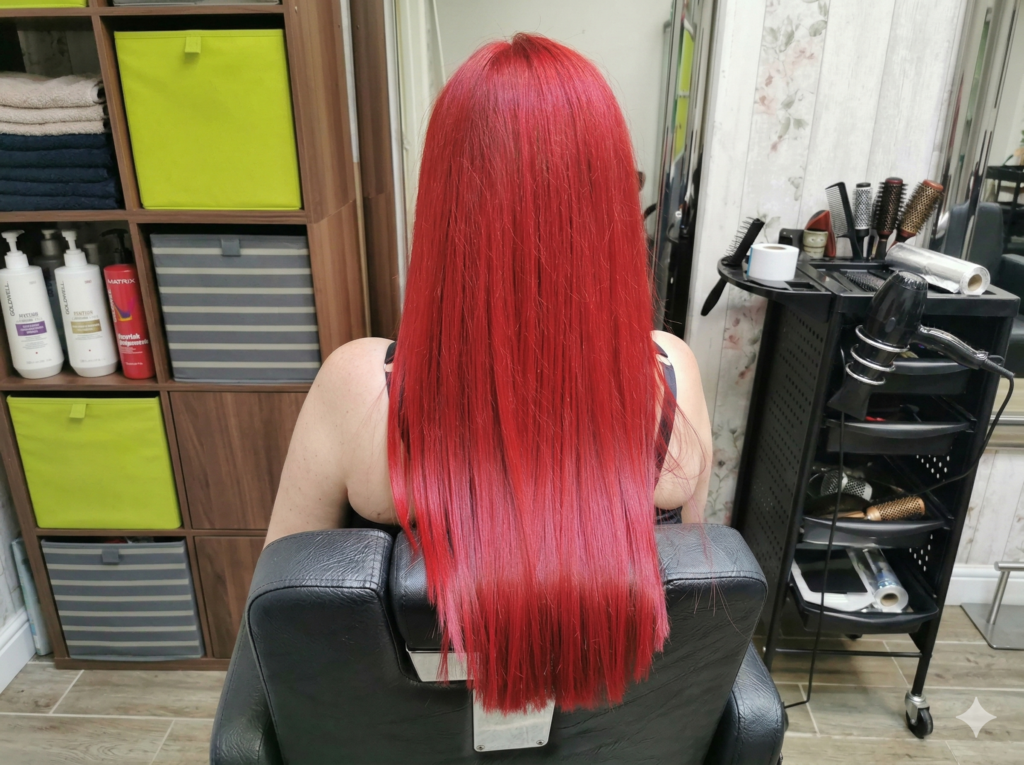 Polska fryzjerka New Look by Diana w Rugby – efekt intensywnej czerwonej koloryzacji i metamorfozy włosów.